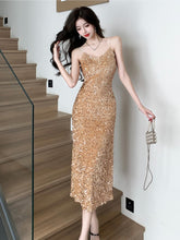 BXOXO party look inspos Autumn Women V-Neck Sequins Party Dress New Elegant Sleeveless Package Hip Spaghetti Strap Long Dresses Chic Vestidos Largos